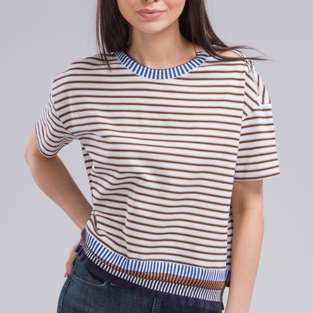 MRZ Brown Stripe Round Neck Short Sleeve Top M